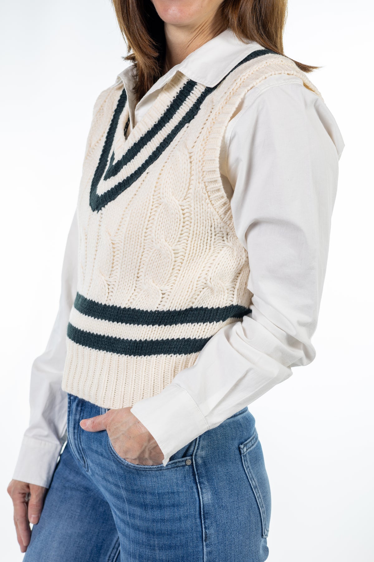 Cream Cable Knit Sweater Vest with Hunter Green Stripes
