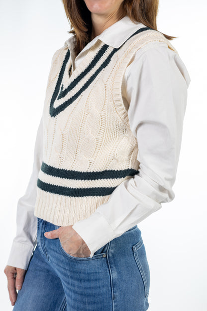 Cream Cable Knit Sweater Vest with Hunter Green Stripes