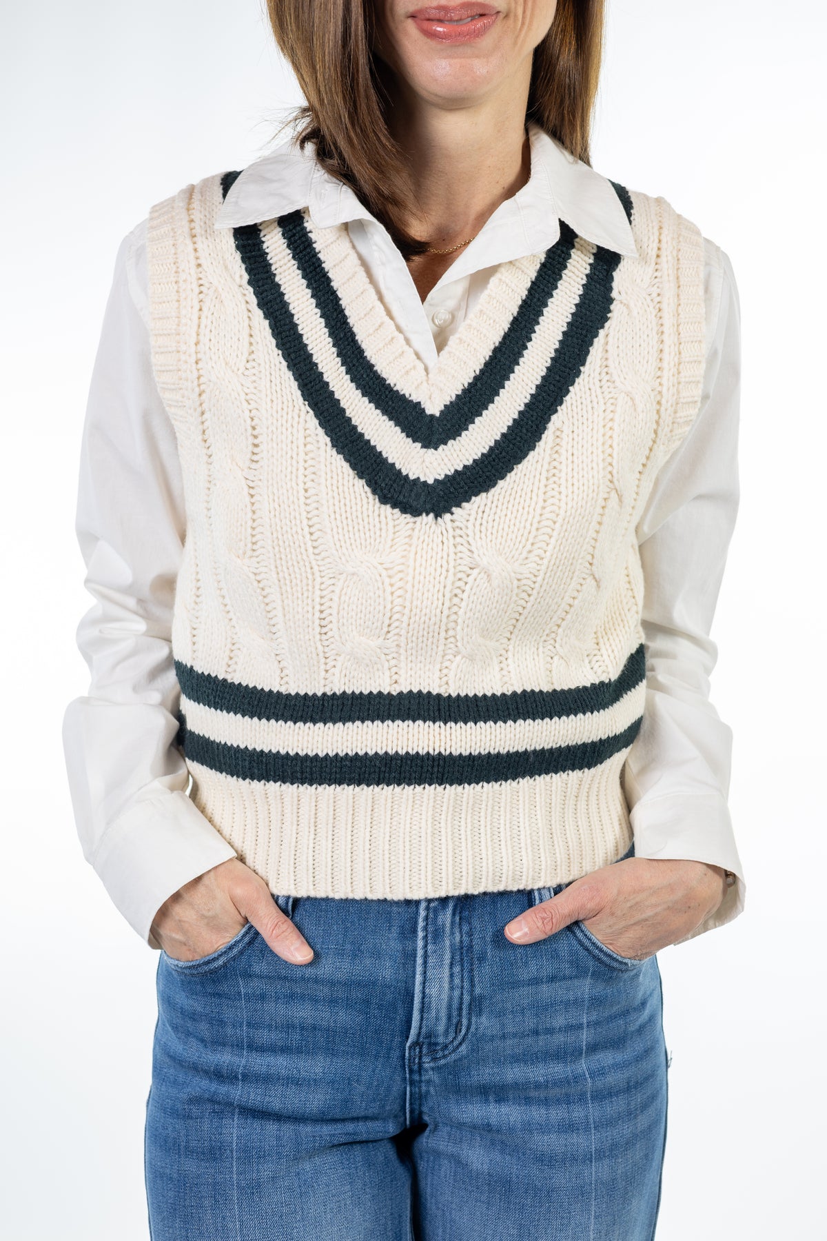Cream Cable Knit Sweater Vest with Hunter Green Stripes