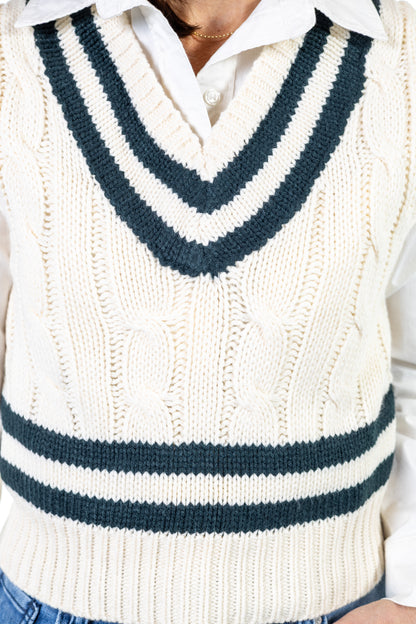 Cream Cable Knit Sweater Vest with Hunter Green Stripes