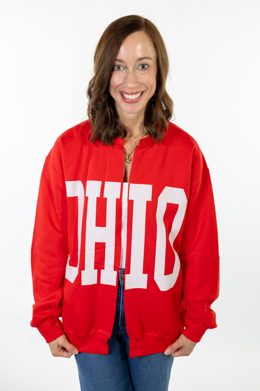 Red "OHIO" Varsity Crewneck Cardigan
