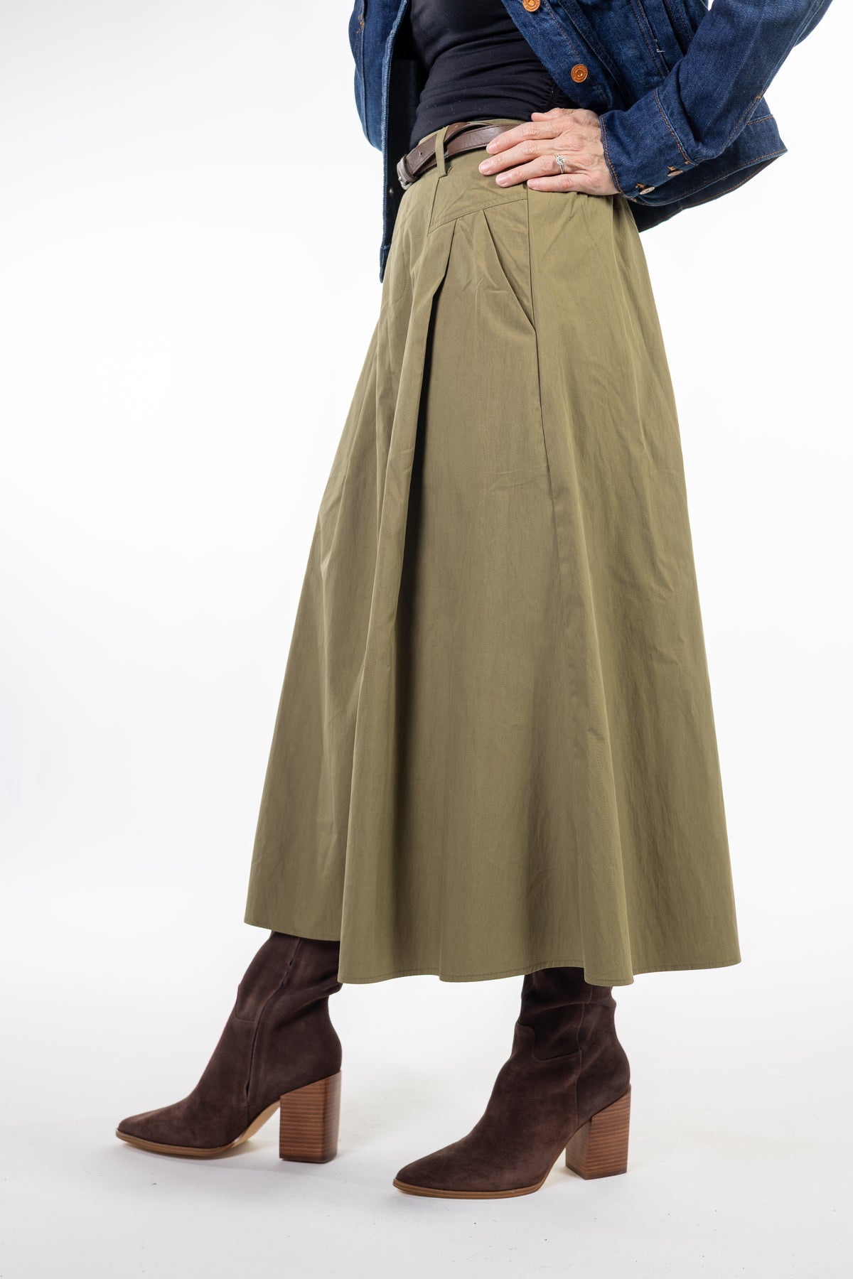 Olive Central Park Midi Skirt with Belt