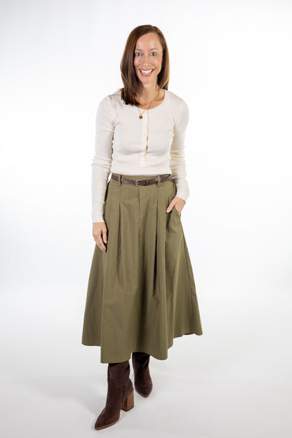 Olive Central Park Midi Skirt with Belt