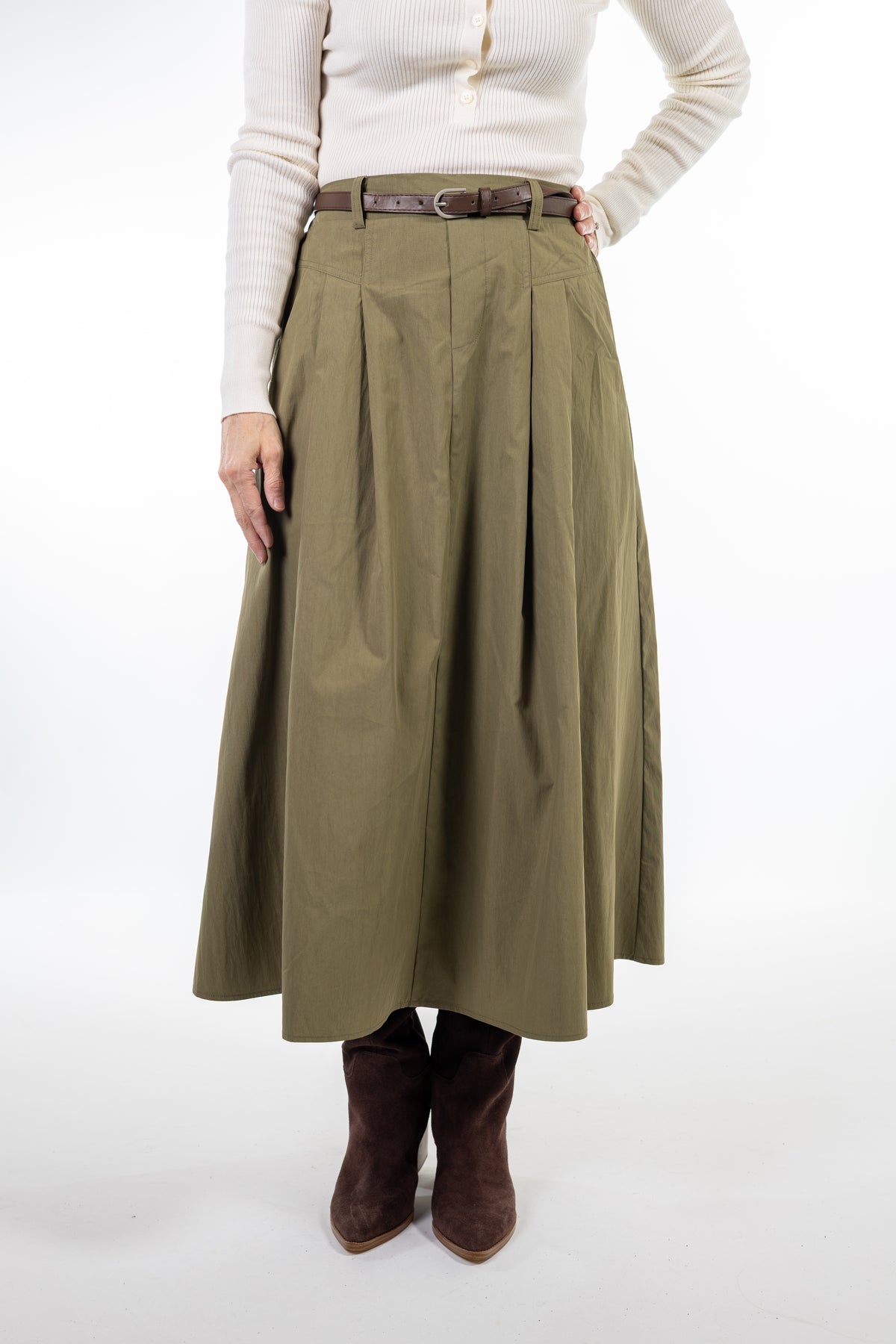 Olive Central Park Midi Skirt with Belt