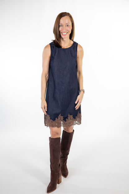 Dark Denim Shift Dress with Contrast Lace Hem