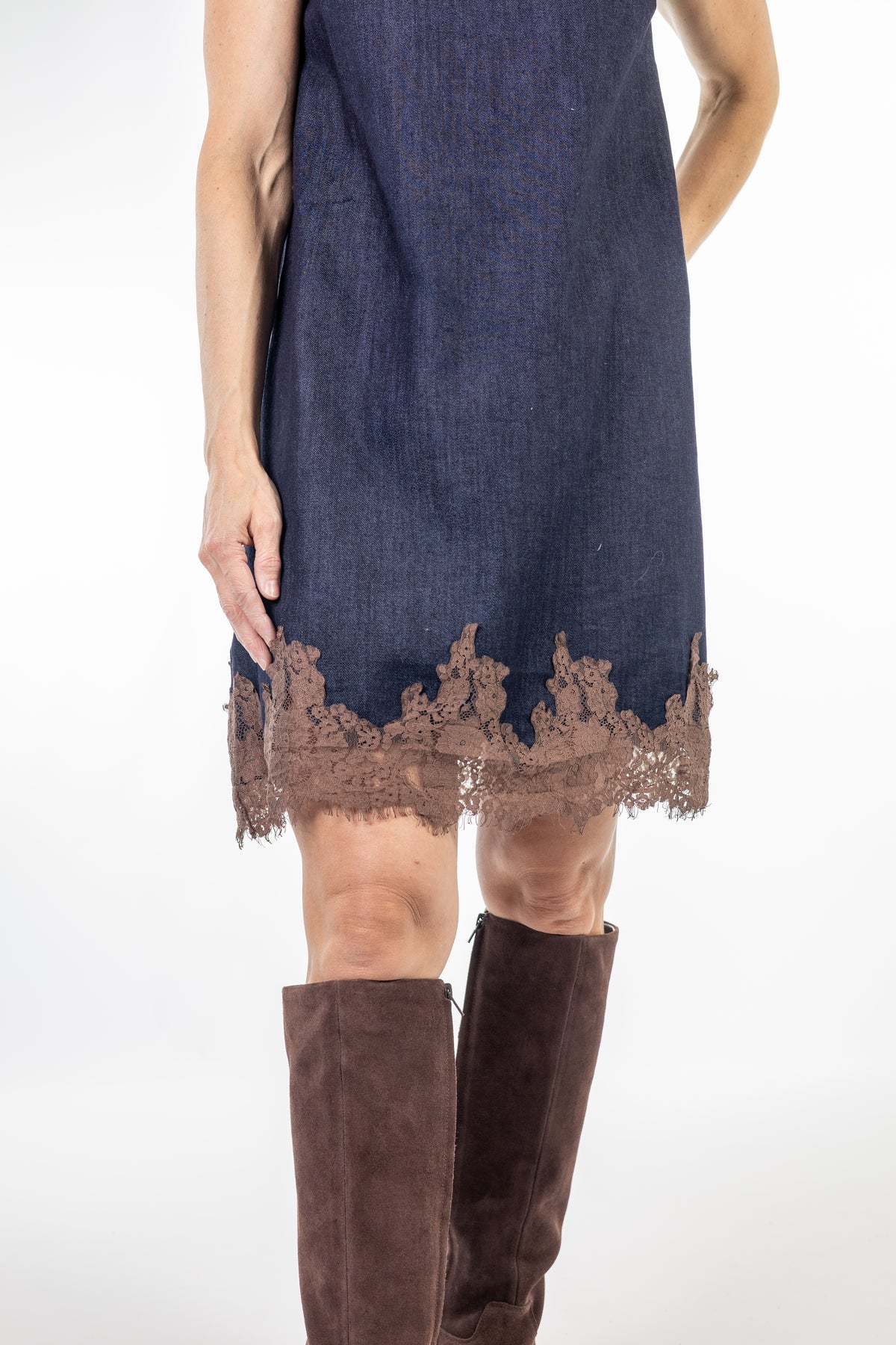 Dark Denim Shift Dress with Contrast Lace Hem