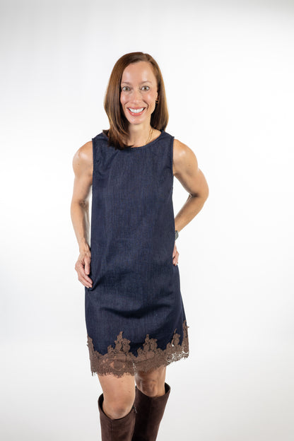 Dark Denim Shift Dress with Contrast Lace Hem