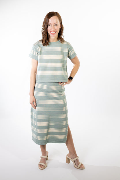 Sage green shirt skirt set midi length striped
