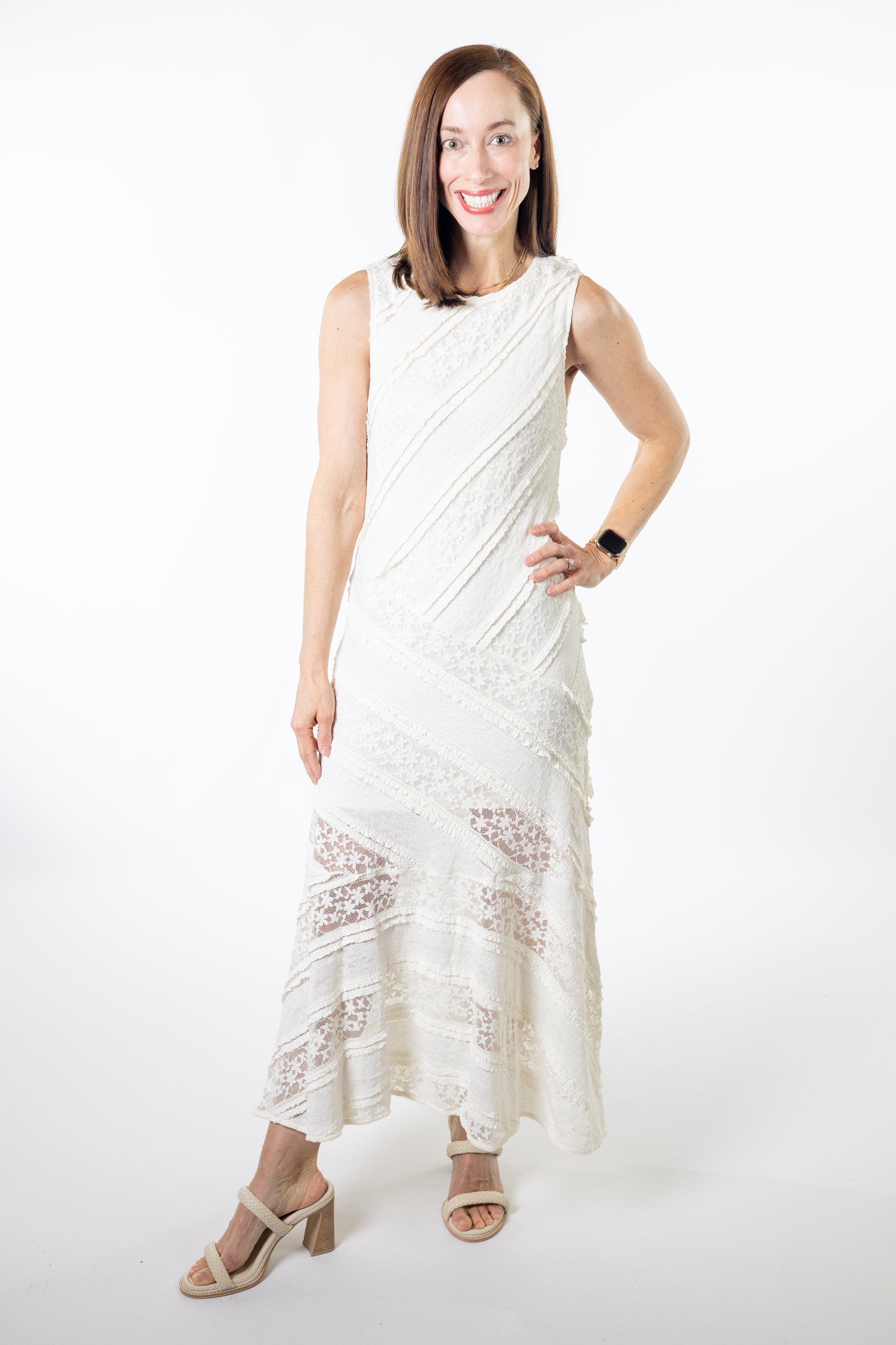 Ivory Floral Lace Sleeveless Maxi Dress