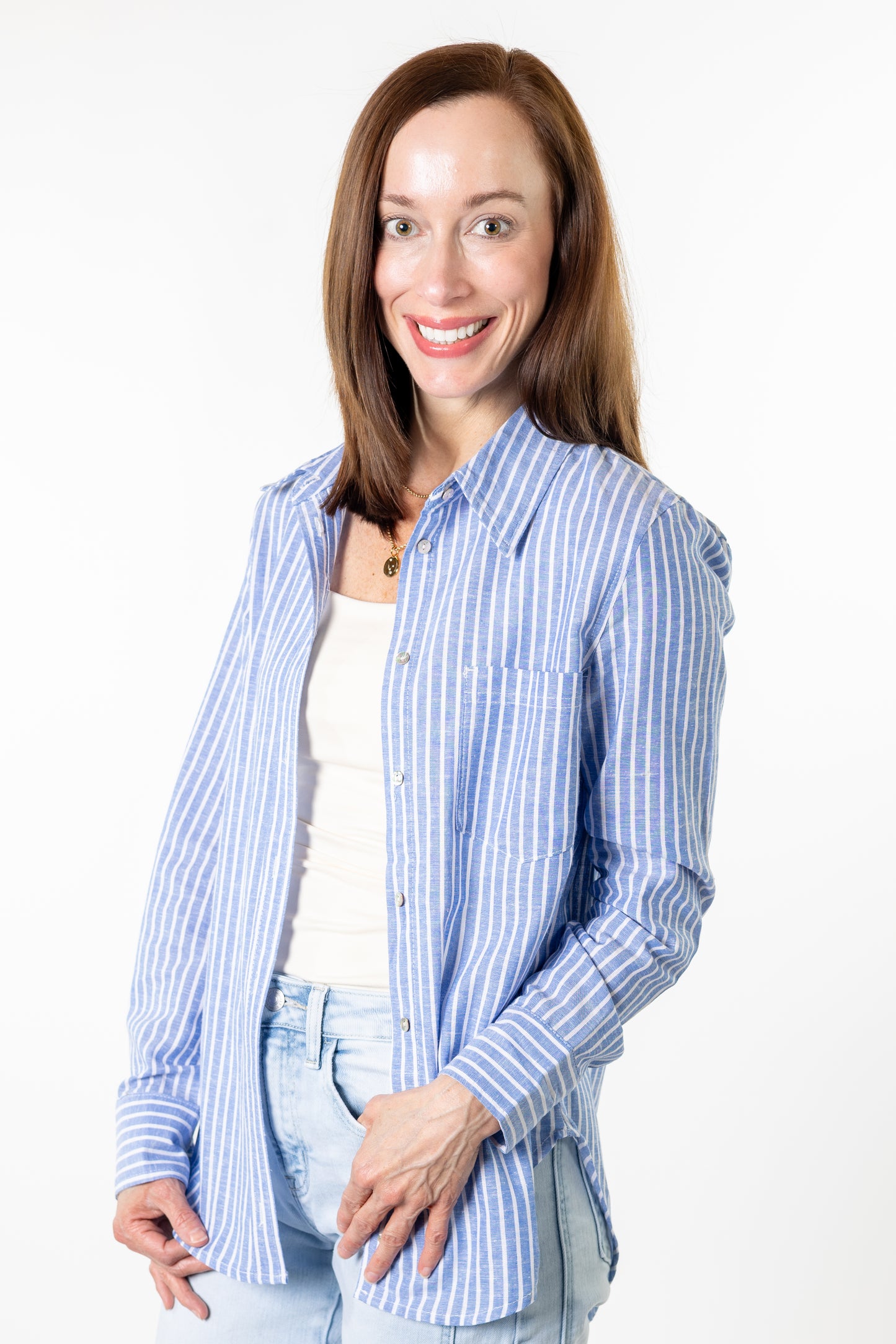 Coastal Striped Linen Blend Button Down Shirt