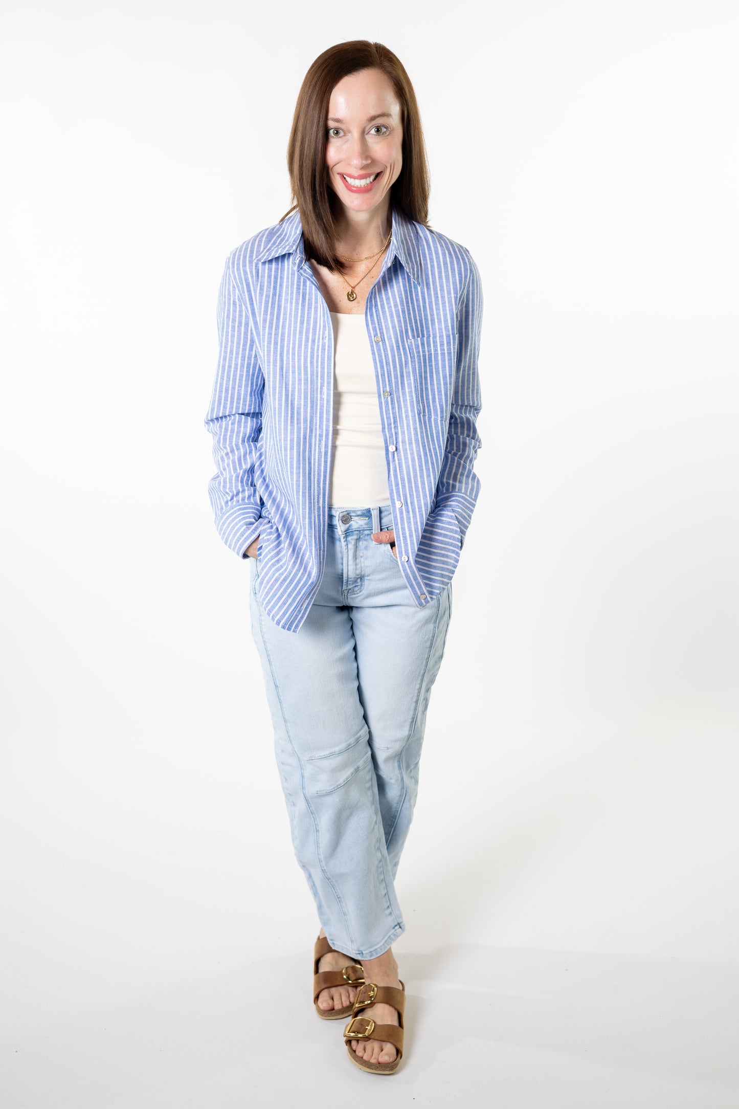 Coastal Striped Linen Blend Button Down Shirt