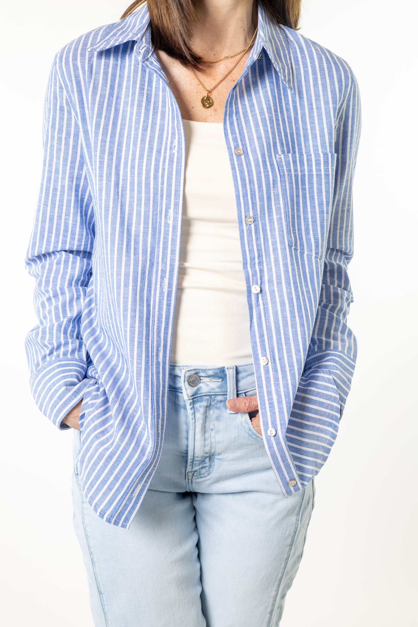 Coastal Striped Linen Blend Button Down Shirt