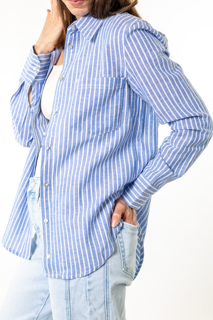 Coastal Striped Linen Blend Button Down Shirt