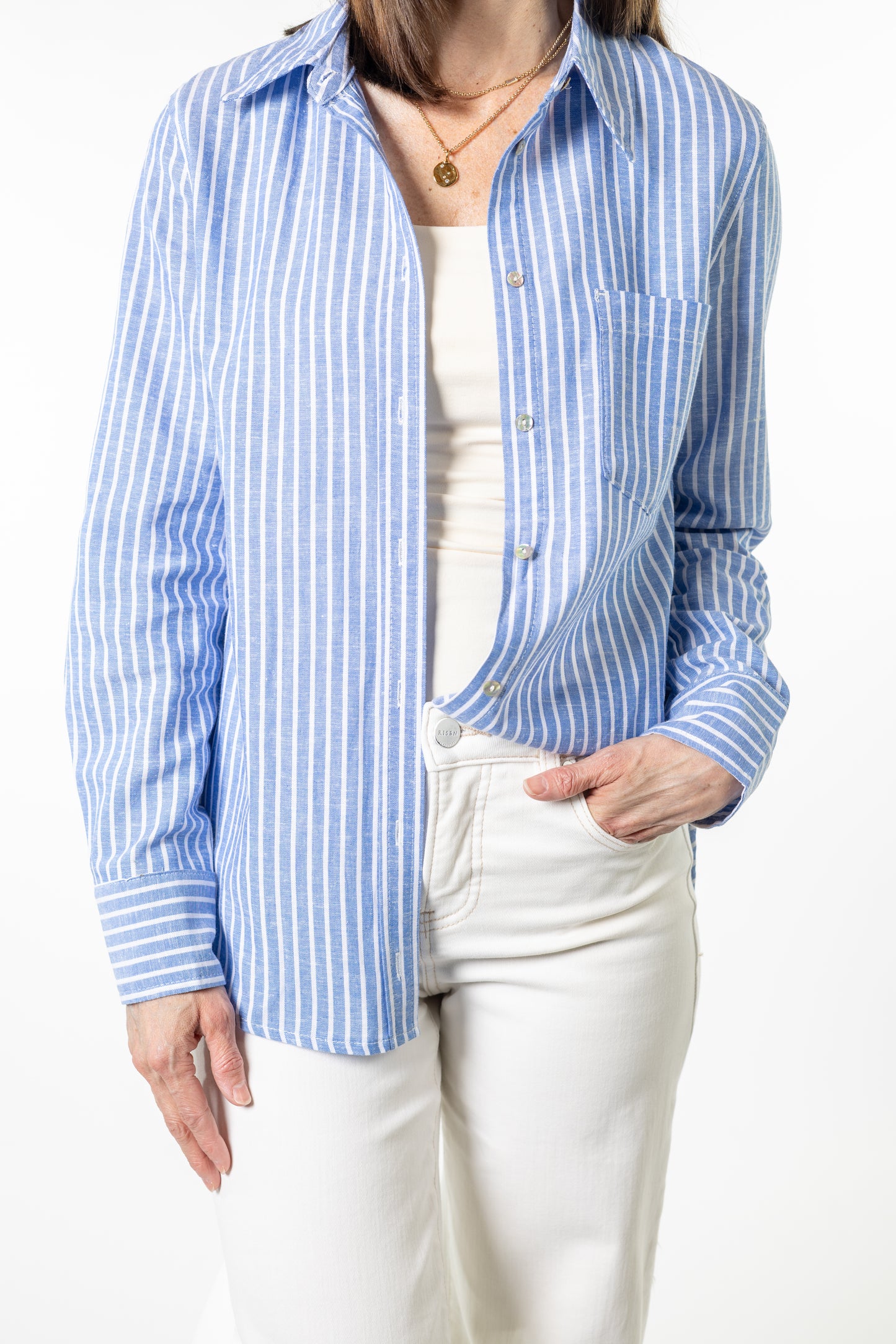 Coastal Striped Linen Blend Button Down Shirt