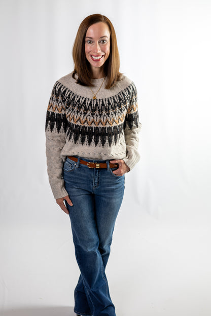 Oatmeal fair isle cable knit sweater, nordic pattern for women
