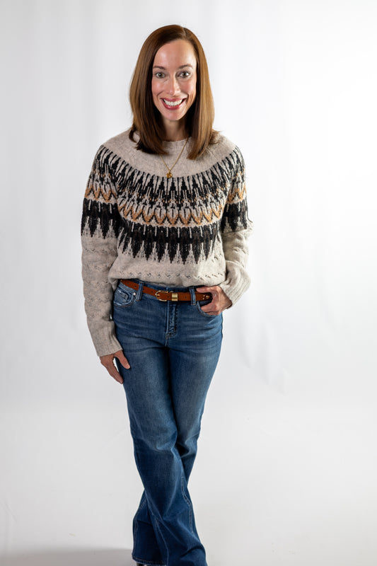 Oatmeal fair isle cable knit sweater, nordic pattern for women