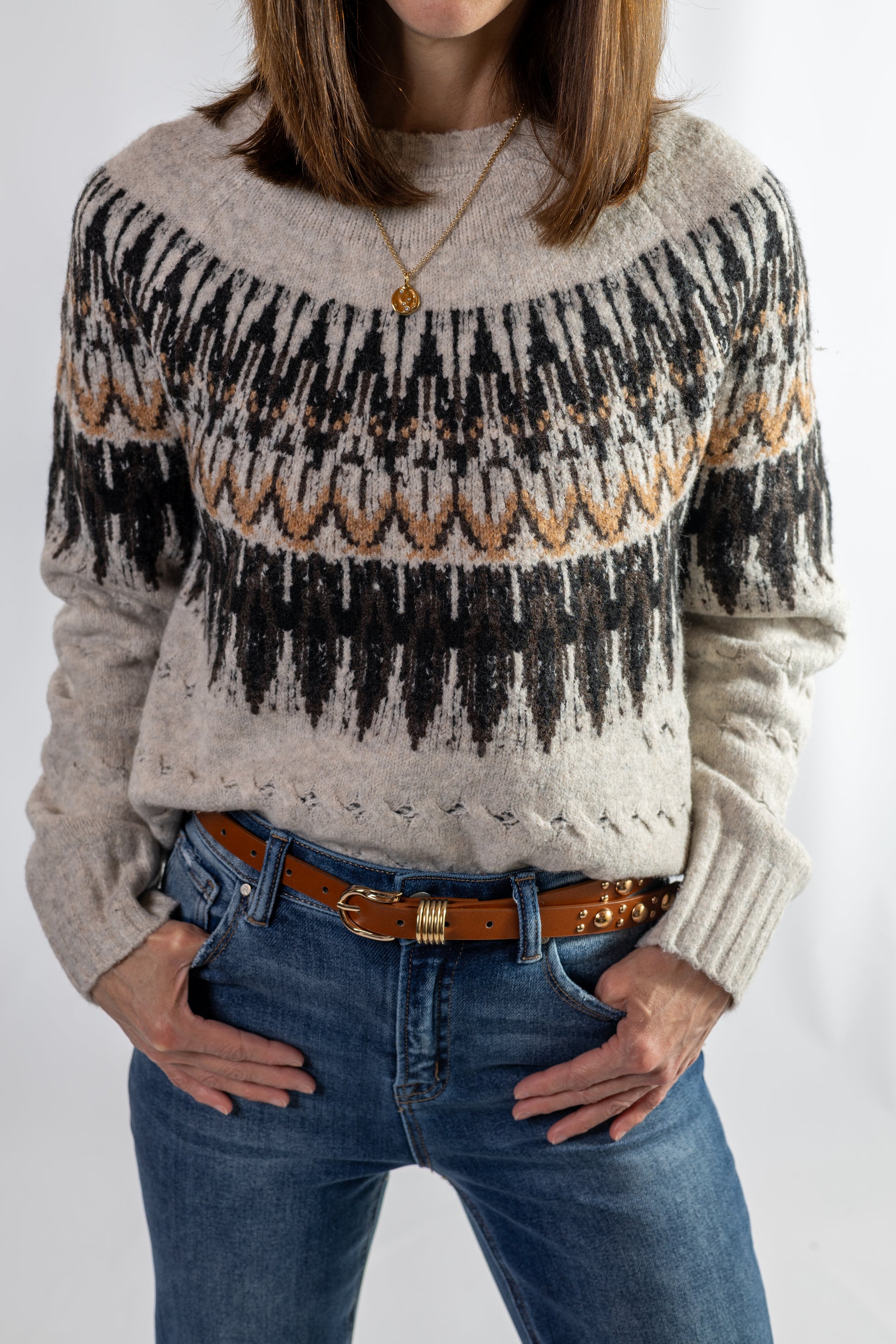Oatmeal fair isle cable knit sweater, nordic pattern for women