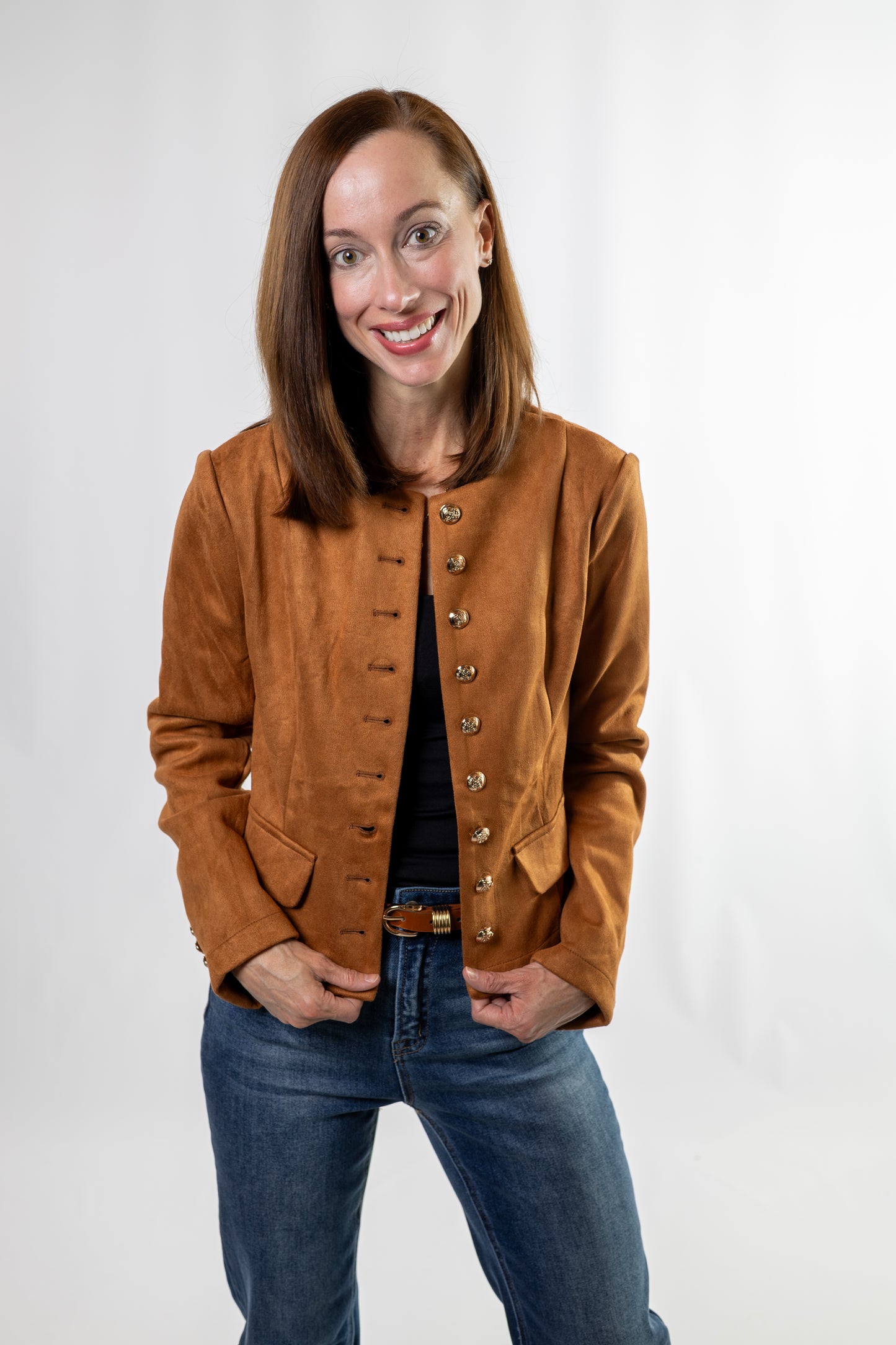brown suede jacket with gold buttons for women