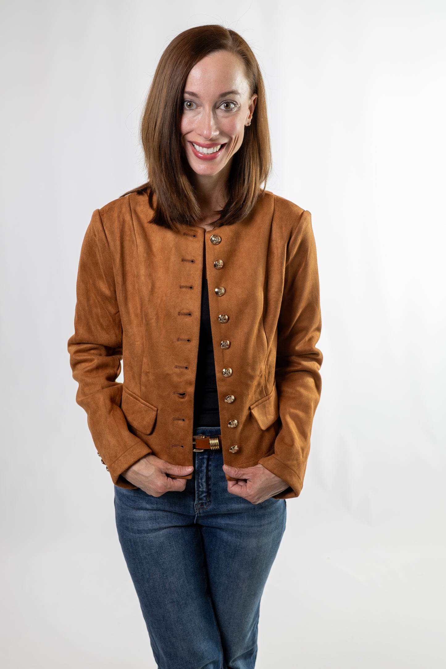 Brown suede jacket with gold buttons