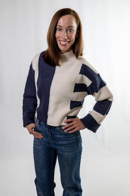 Navy color block mock turtleneck sweater for women