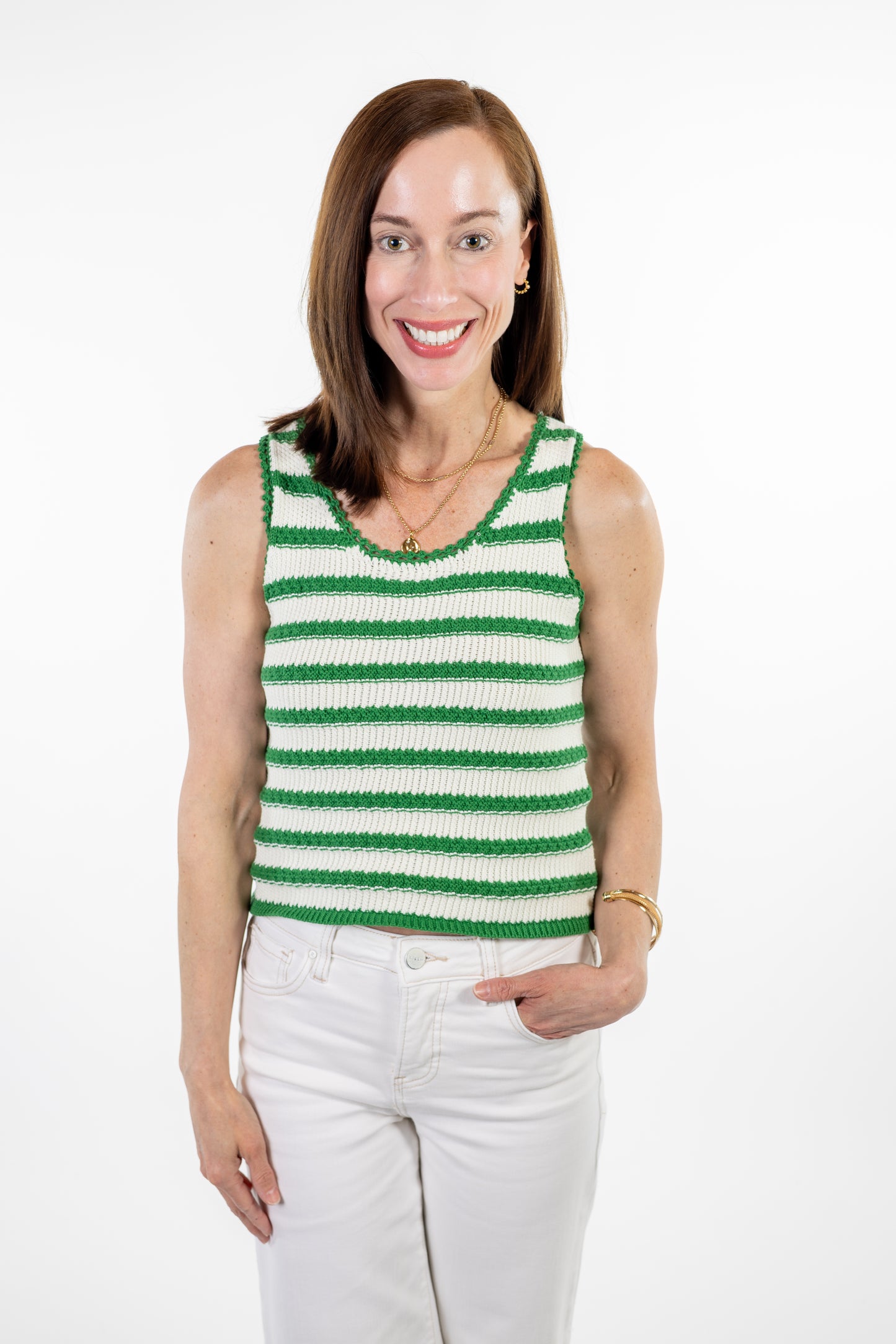 Green & Ivory Striped Crochet Knit Tank Top