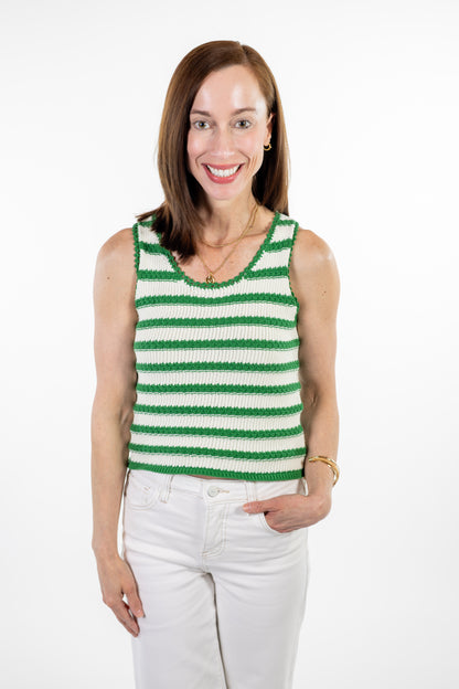 Green & Ivory Striped Crochet Knit Tank Top