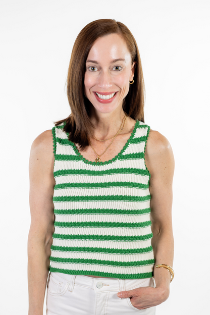 Green & Ivory Striped Crochet Knit Tank Top