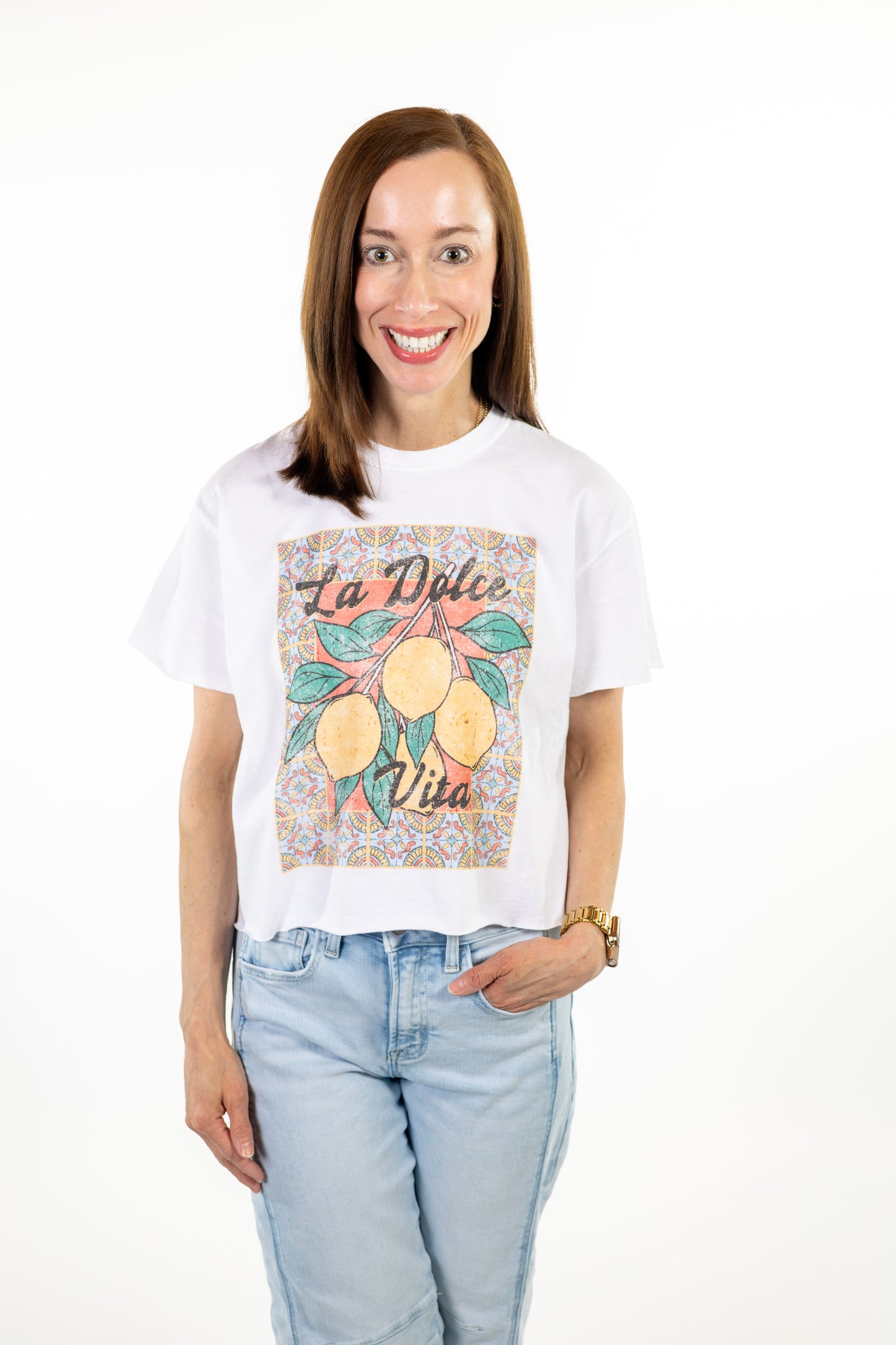 Woman wearing la dolce lemon printed tee 