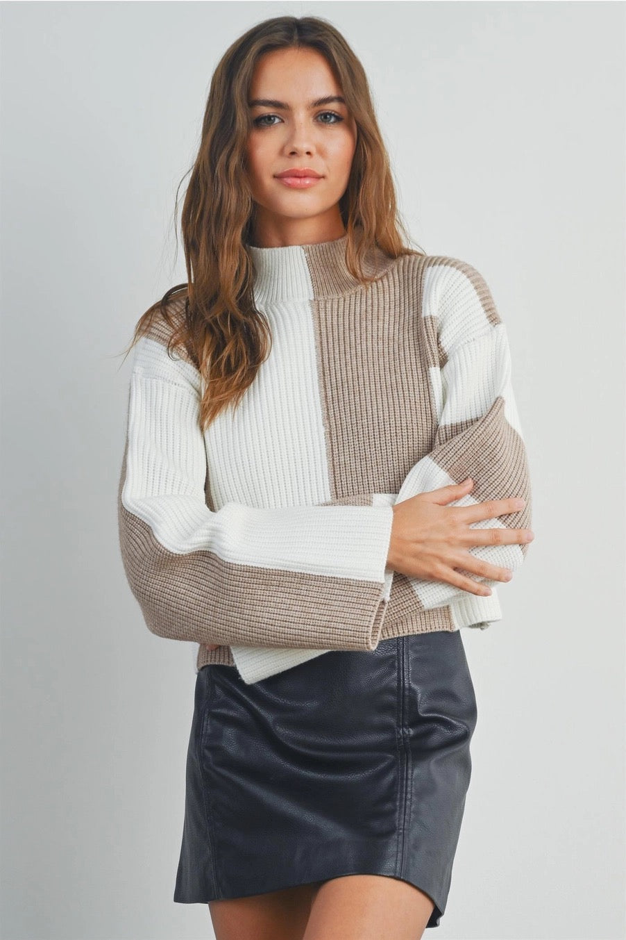 Taupe Color Block Mock Turtleneck Sweater