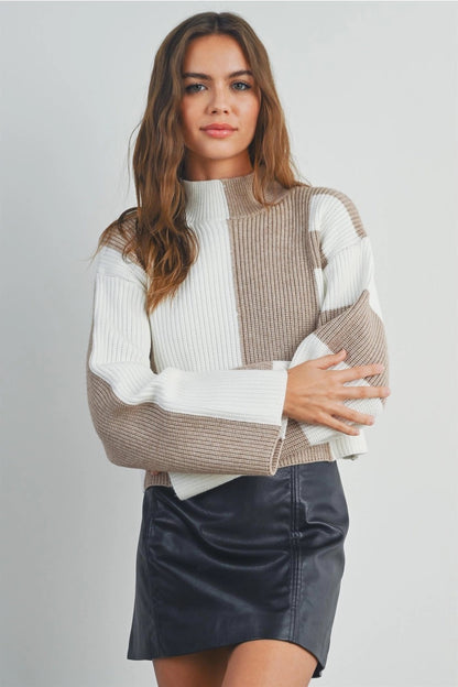 Taupe Color Block Mock Turtleneck Sweater