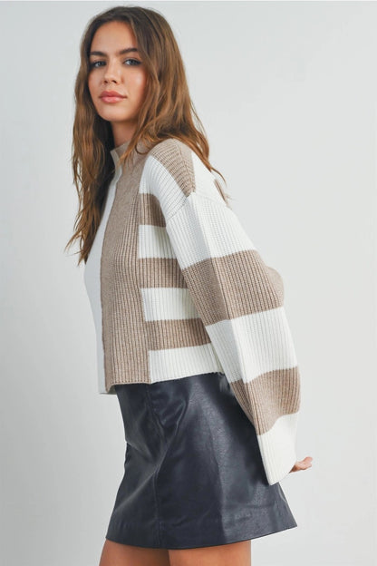 Taupe Color Block Mock Turtleneck Sweater