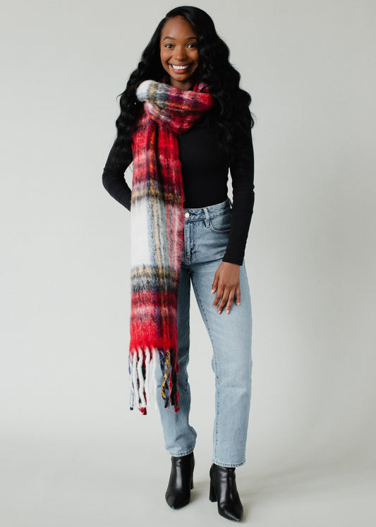 Red Plaid Scarf with Fringe