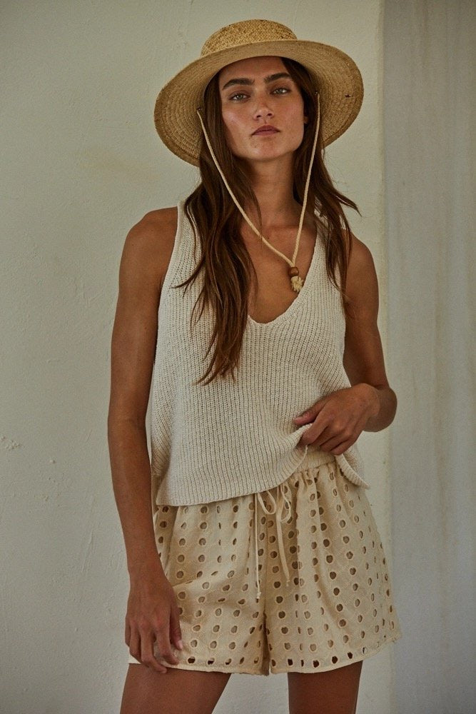 Natural Capri Eyelet Shorts