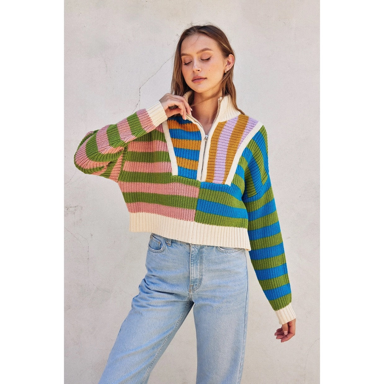 Morning Glory Colorblock Cropped Half-Zip Sweater