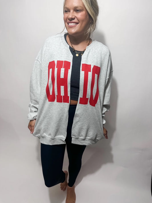 Heather Gray "OHIO" Varsity Crewneck Cardigan
