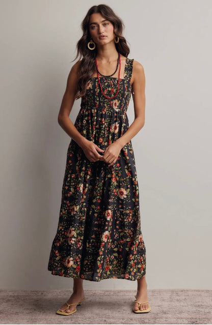 Midnight Floral Smocked Midi Dress