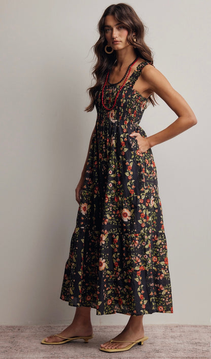 Midnight Floral Smocked Midi Dress
