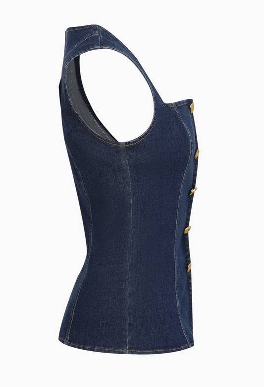 Blue denim tank top with gold buttons on a white background
