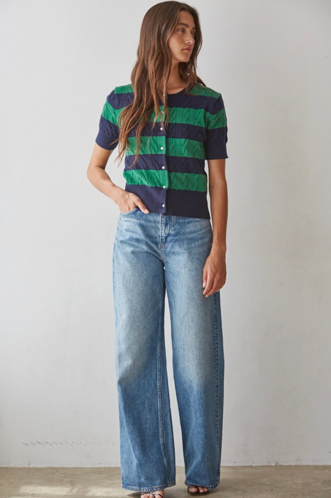 Navy & Green Cable Stripe Cardigan