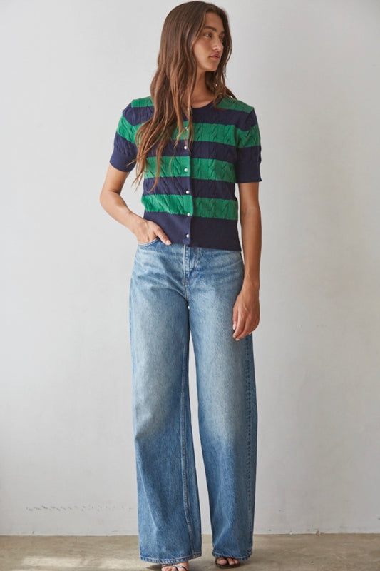 Navy & Green Cable Stripe Cardigan