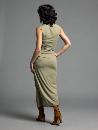 Amelia Sage Green Ruched Midi Dress with Mock Neck