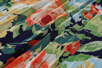 Colorful floral fabric pattern with a close-up view