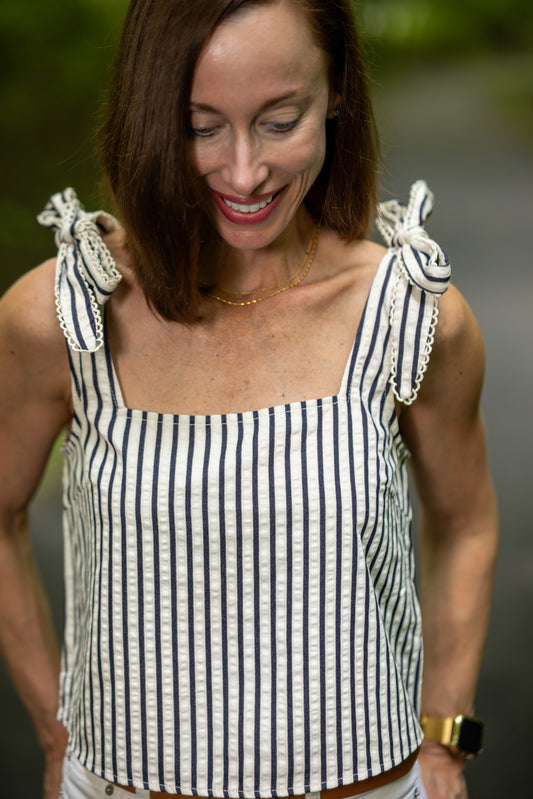 Lapis Striped Tie Strap Top - Ivory Denim