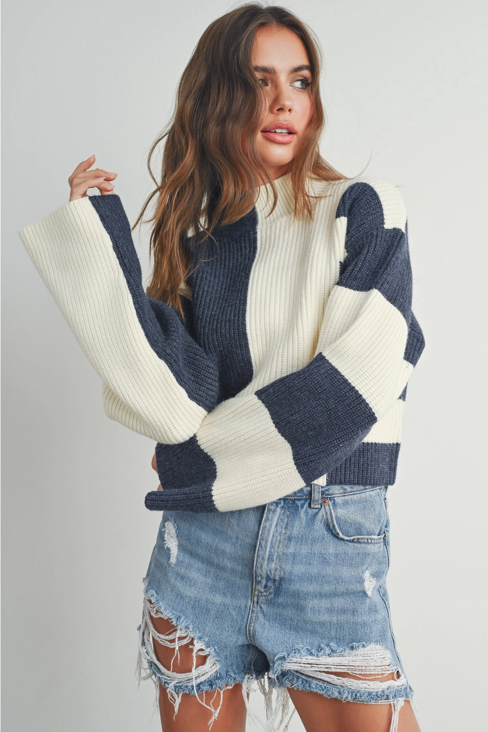 Navy color block mock turtleneck sweater for women