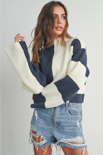 Navy color block mock turtleneck sweater for women