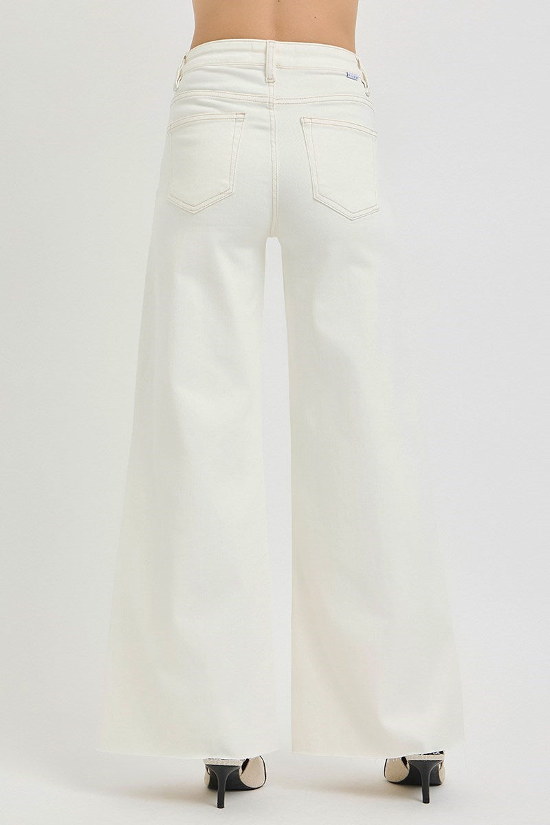 Cream High Rise Wide Leg Tummy Control Jeans by Risen (Pre-Order)