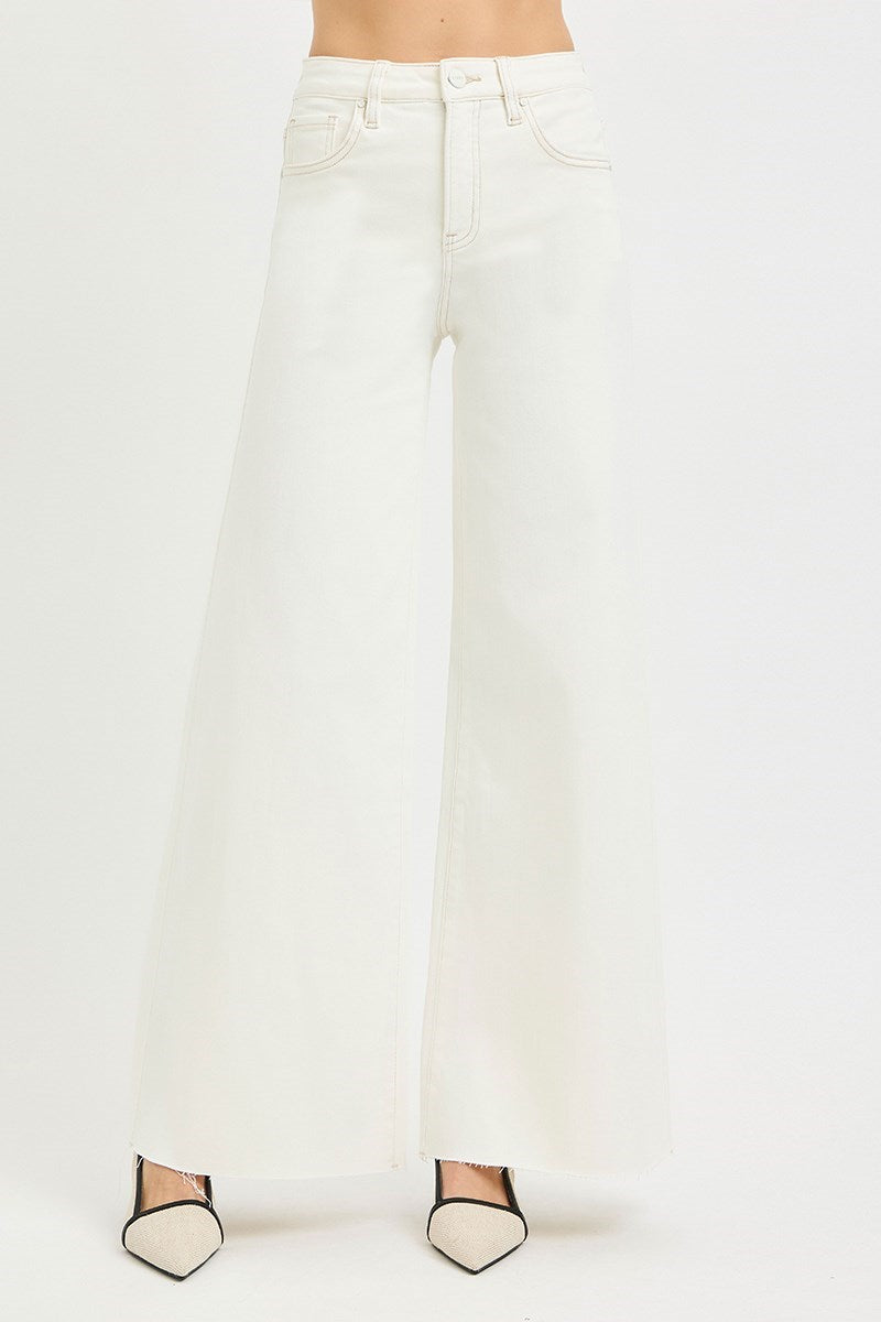 Cream High Rise Wide Leg Tummy Control Jeans by Risen (Pre-Order)