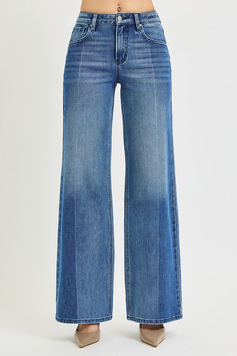 high rise wide leg jeans on white background