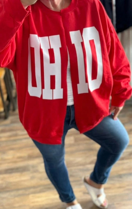 Red "OHIO" Varsity Crewneck Cardigan - PRE-ORDER